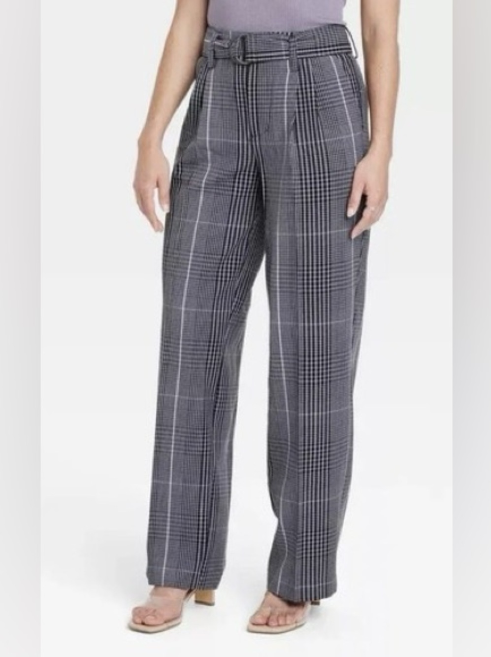 a new day Gray Plaid belted Trousers work pants